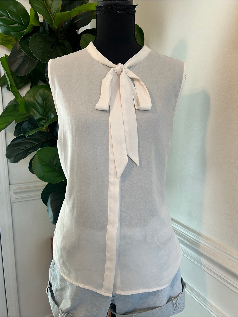 J. Crew Cream Sleeveless Tie-Neck Blouse